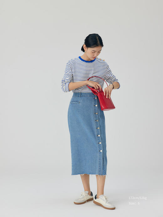 【周四精选福利】HeyDress侧排扣牛仔半身裙法式复古开叉设计直筒气质半裙 商品图2