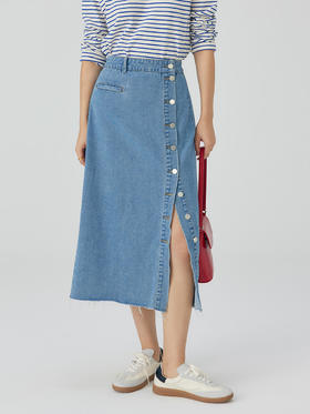 【周四精选福利】HeyDress侧排扣牛仔半身裙法式复古开叉设计直筒气质半裙