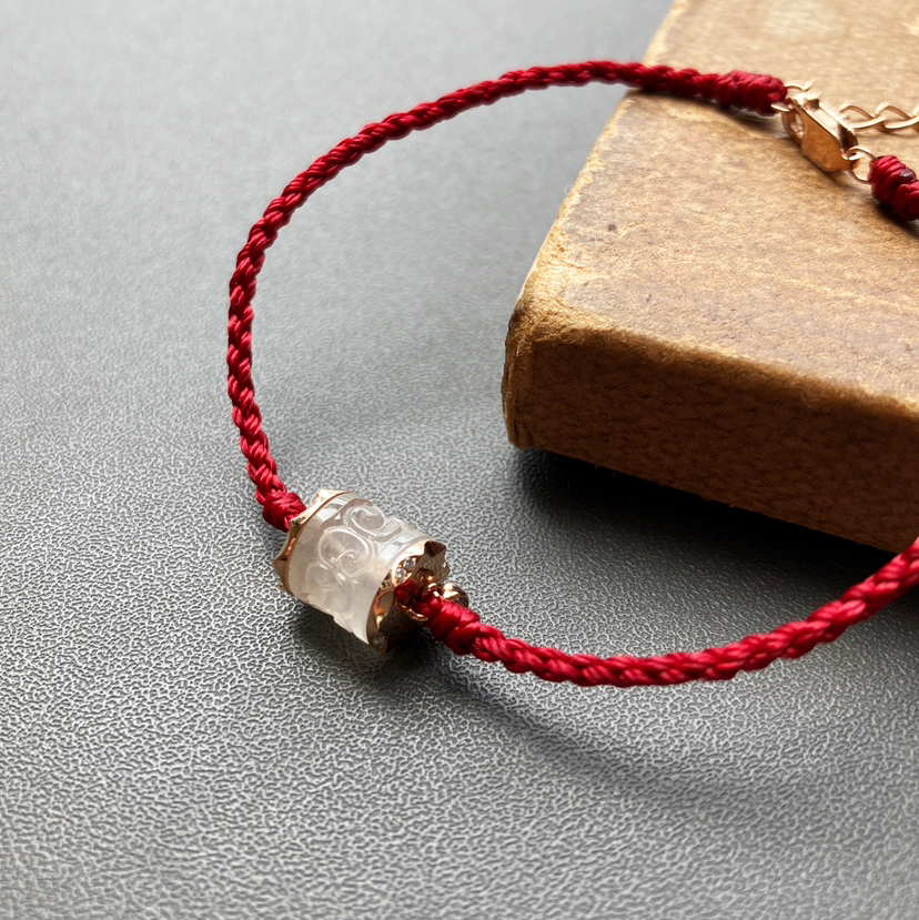 冰种翡翠路路通手绳18k玫瑰金钻石镶嵌