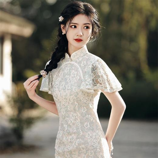 2023夏新款双层蕾丝飞飞袖旗袍连衣裙清新文艺改良旗袍少女年轻款 商品图2