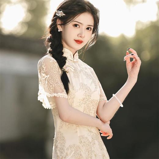 2023春夏款双层网纱刺绣中长款旗袍连衣裙清新文艺少女旗袍年轻款 商品图1