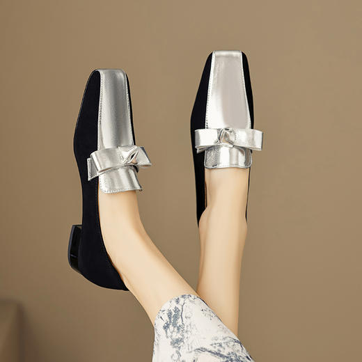 法式简约，平头拼色蝴蝶结低跟单鞋XY6778 商品图2