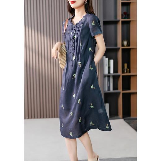 UG【定制10天】时尚碎花苎麻连衣裙女2023夏季新款韩版气质显瘦中长款裙子 商品图0