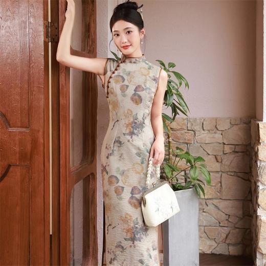 2023夏季新款仿苎麻中长款双层改良少女旗袍连衣裙 商品图2