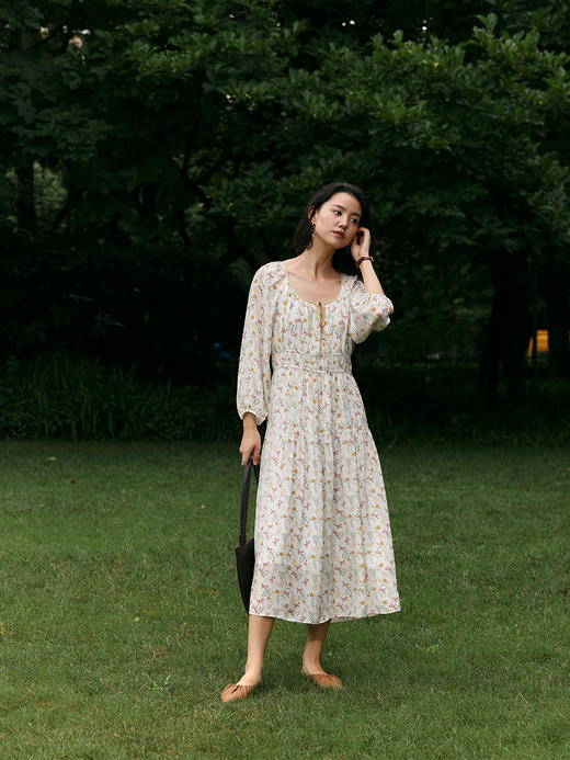 【周四精选福利】HeyDress法式碎花连衣裙U领收腰设计感长袖温柔A字裙子 商品图2