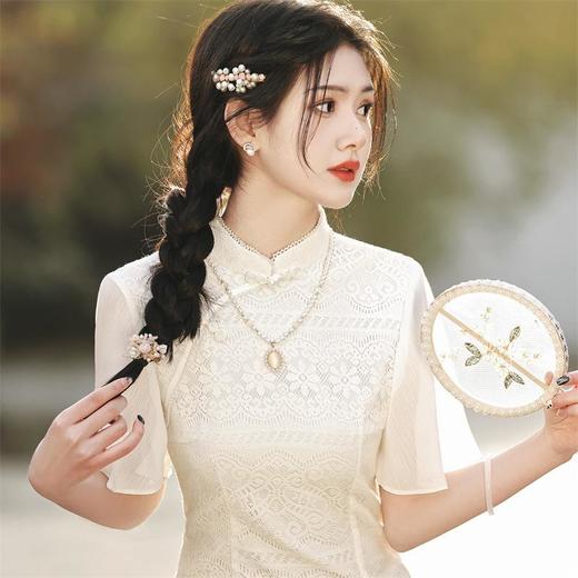 2023春夏新款飞飞袖双层蕾丝中长款旗袍舒适柔软少女旗袍连衣裙 商品图1