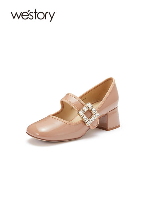 westory2023年秋季新款英伦风粗跟单鞋学院风水钻扣式玛丽珍W23CE73541 商品图1