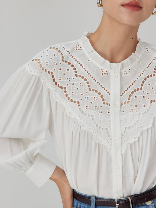 HeyDress蕾丝花边领衬衣女春秋法式复古宽松宫廷风长袖气质衬衣 商品图1