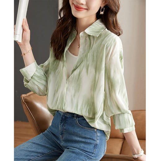 秋季新款，长袖秋款一壶春茶渐变水墨晕染染色淡雅衬衫KQL-638T8727 商品图0