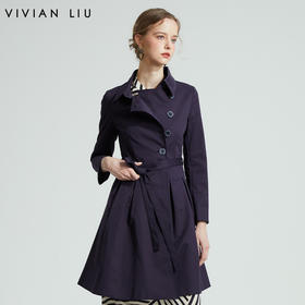 VIVIAN LIU R2313108春女装新款单排扣系腰带翻领收腰长袖风衣
