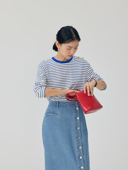 HeyDress条纹针织衫女秋季法式撞色条纹设计感长袖纯棉t恤打底衫 商品图2