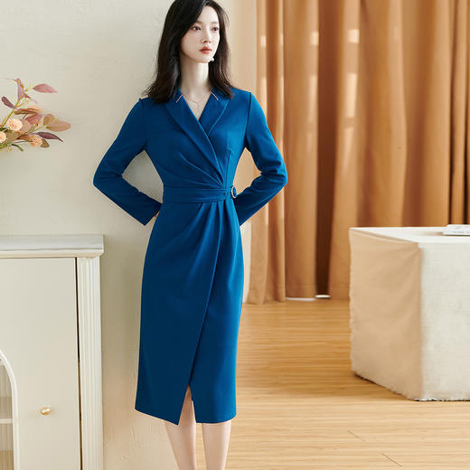 剩S/M 米思阳2026春季新款优雅气质净色连衣裙收腰褶皱系带长袖裙子2143 商品图1