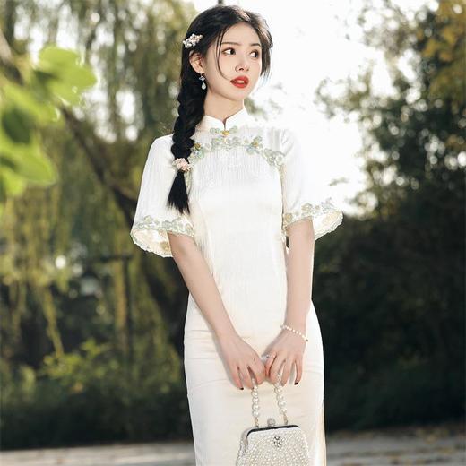 2023春夏弹力仿醋酸花边圆襟中长款旗袍连衣裙少女改良旗袍年轻款 商品图2