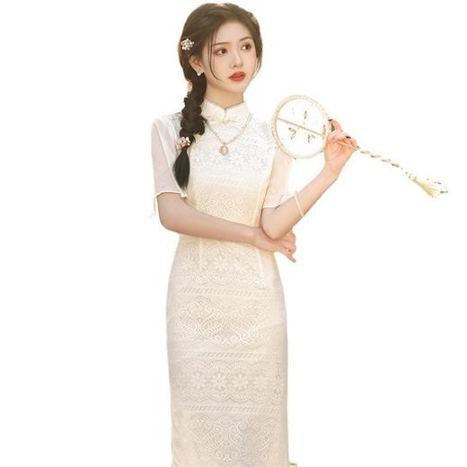 2023春夏新款飞飞袖双层蕾丝中长款旗袍舒适柔软少女旗袍连衣裙 商品图4