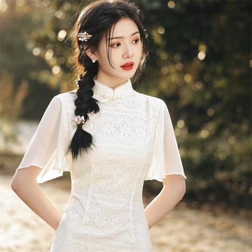 2023春夏新款飞飞袖双层蕾丝中长款旗袍舒适柔软少女旗袍连衣裙 商品图3