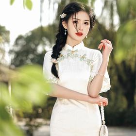 2023春夏弹力仿醋酸花边圆襟中长款旗袍连衣裙少女改良旗袍年轻款