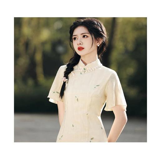 2023春夏新款雪纺亮丝刺绣双层旗袍连衣裙文艺少女年轻款改良旗袍 商品图4