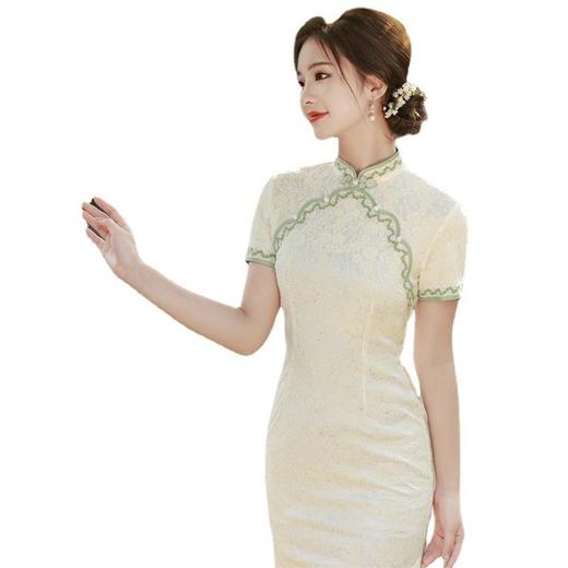 2023夏款圆襟钉珠复合蕾丝旗袍连衣裙少女清新改良古法旗袍年轻款 商品图4