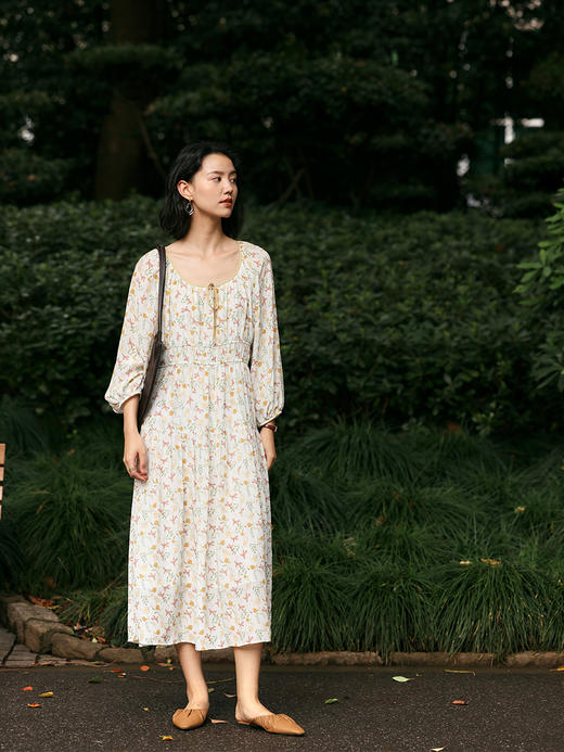 【周四精选福利】HeyDress法式碎花连衣裙U领收腰设计感长袖温柔A字裙子 商品图0