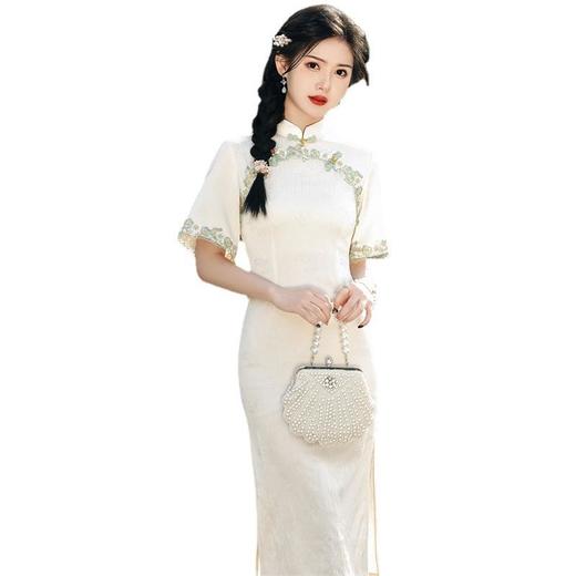 2023春夏弹力仿醋酸花边圆襟中长款旗袍连衣裙少女改良旗袍年轻款 商品图4