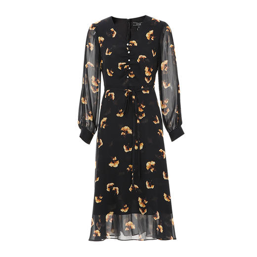 EITIE爱特爱法式高级感印花V领垂坠黑色优雅连衣裙秋季新款C2307242 商品图5