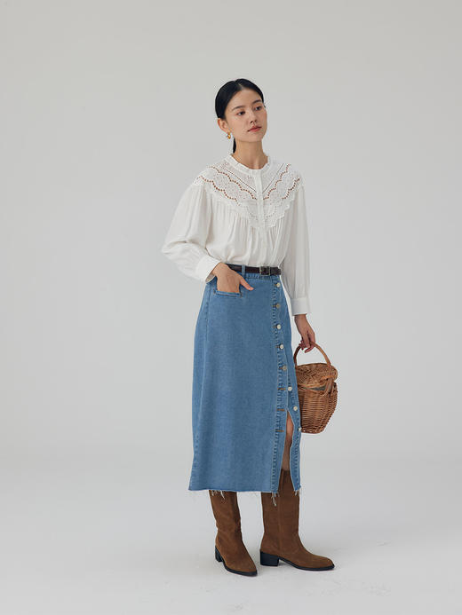 【周四精选福利】HeyDress侧排扣牛仔半身裙法式复古开叉设计直筒气质半裙 商品图3