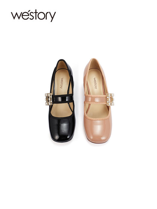 westory2023年秋季新款英伦风粗跟单鞋学院风水钻扣式玛丽珍W23CE73541 商品图2
