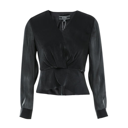EITIE爱特爱优雅光泽感V领收腰高级感黑色小上衣秋季新款C13212 商品图5