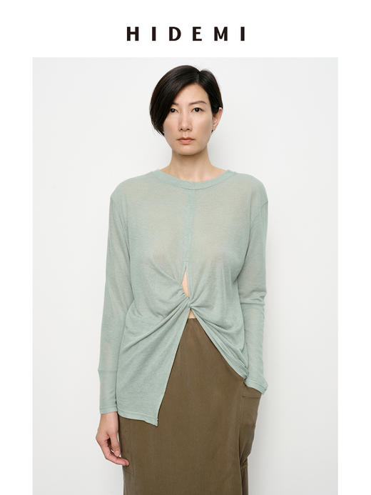 HIDEMI 云朵系列前后两穿设计感纽结开衩针织长袖上衣 锡器灰/奶油白/清扬绿/巧克力色 商品图4