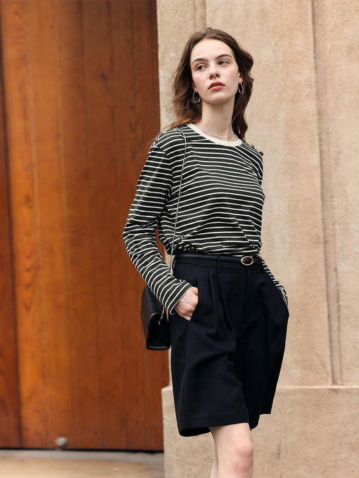 HeyDress条纹针织衫女秋季法式撞色条纹设计感长袖纯棉t恤打底衫 商品图0