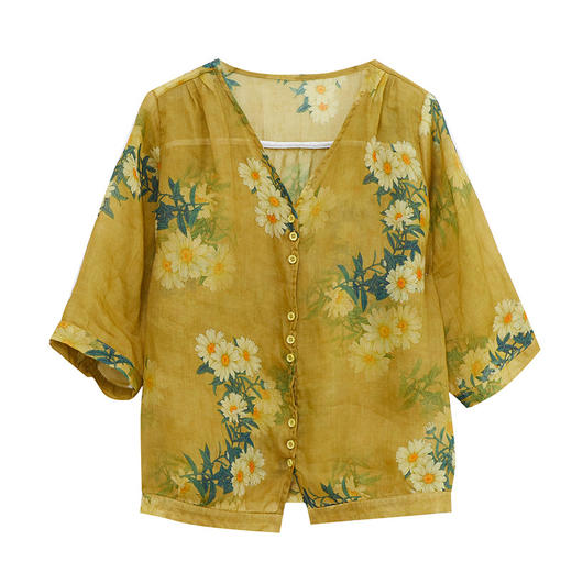 SMZ9167 复古文艺衬衫女2023夏装宽松大码显瘦V领印花中袖衬衣上衣小衫潮 商品图4