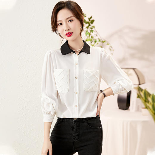时尚百搭，春季新款休闲气质显瘦拼色翻领雪纺衬衫上衣女HR-JNNS2323-1 商品图0