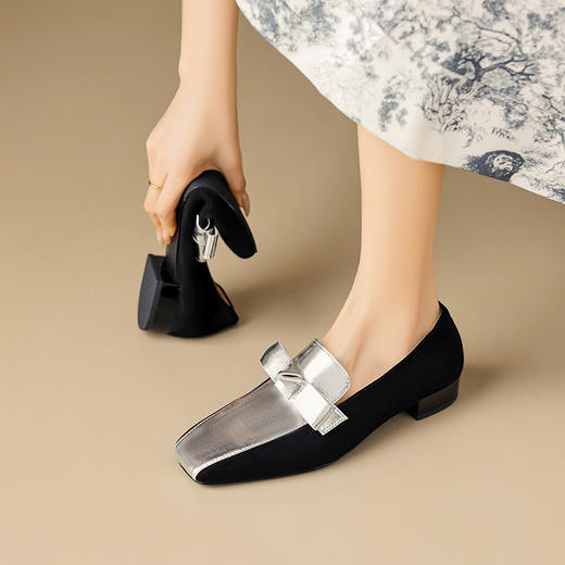法式简约，平头拼色蝴蝶结低跟单鞋XY6778 商品图6
