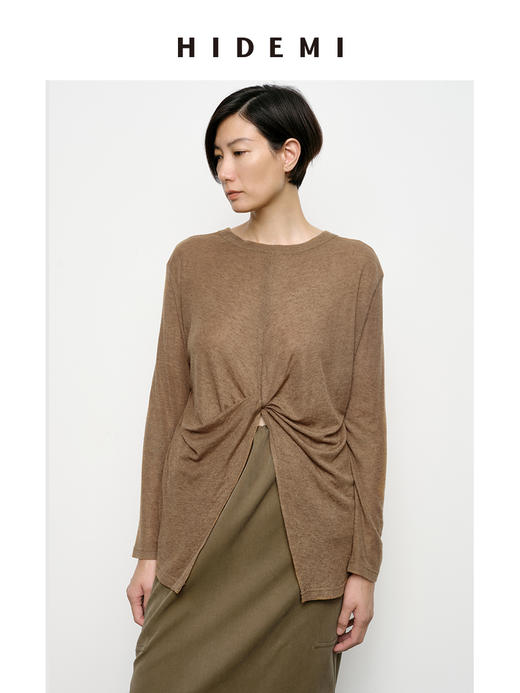 HIDEMI 云朵系列前后两穿设计感纽结开衩针织长袖上衣 锡器灰/奶油白/清扬绿/巧克力色 商品图3