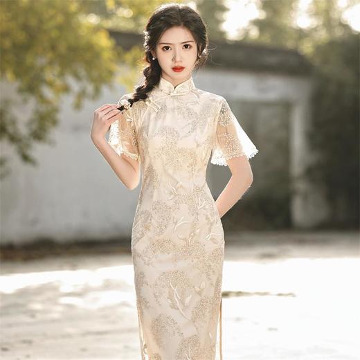 2023春夏款双层网纱刺绣中长款旗袍连衣裙清新文艺少女旗袍年轻款 商品图0