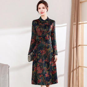 QYM MB2302印花复古优雅时尚连衣裙娃娃领优雅气质A字裙