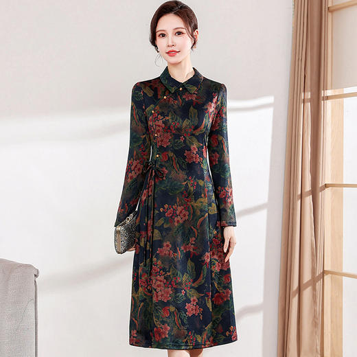 QYM MB2302印花复古优雅时尚连衣裙娃娃领优雅气质A字裙 商品图0