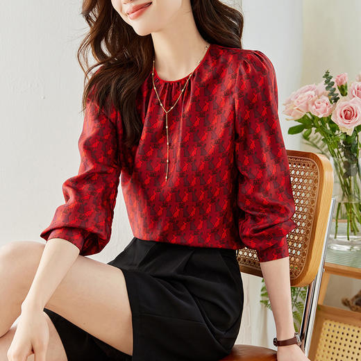 KQL 638T8692印花斜纹仿真丝衬衫气质通勤圆领衬衫 商品图1