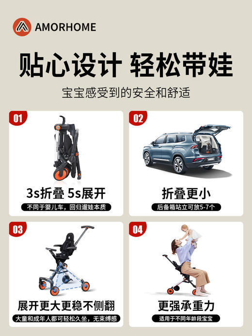 AMORHOME遛娃神器溜娃婴儿手推车轻便折叠宝宝儿童可坐躺高景观小 商品图1