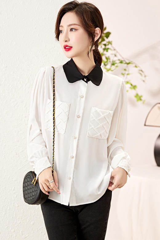 时尚百搭，春季新款休闲气质显瘦拼色翻领雪纺衬衫上衣女HR-JNNS2323-1 商品图5