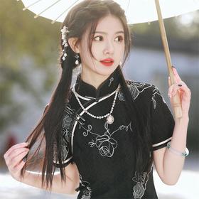 2023夏季新款复合蕾丝绣花旗袍连衣裙 复古改良日常古典古风旗袍