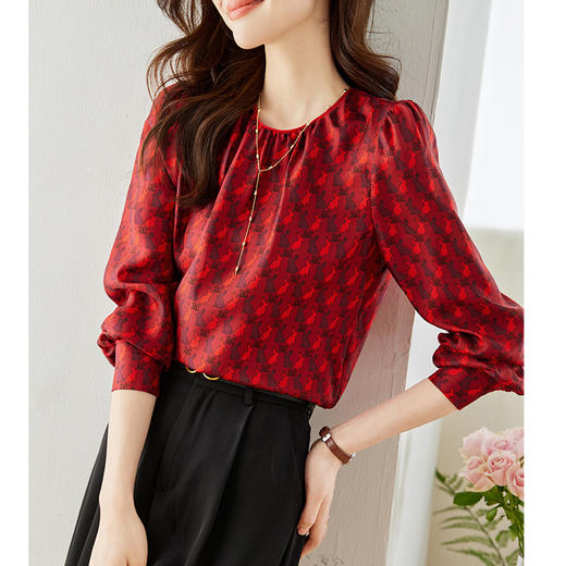 KQL 638T8692印花斜纹仿真丝衬衫气质通勤圆领衬衫 商品图4