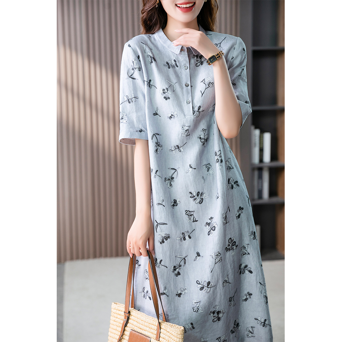 89092原形亚麻连衣裙女衬衫裙2024夏季新款韩版印花文艺气质中长款裙子