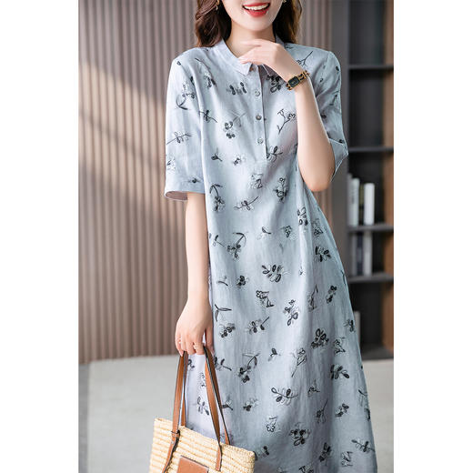 89092原形亚麻连衣裙女衬衫裙2024夏季新款韩版印花文艺气质中长款裙子 商品图0