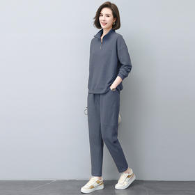 HR WY910719纯色套装拉链立领修身显瘦卫衣两件套