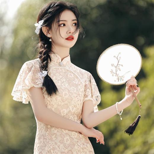 2023夏新款双层蕾丝飞飞袖旗袍连衣裙清新文艺改良旗袍少女年轻款 商品图1