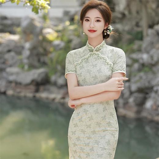 2023夏款圆襟钉珠复合蕾丝旗袍连衣裙少女清新改良古法旗袍年轻款 商品图2