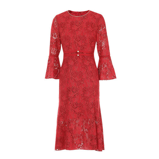 EITIE爱特爱精致优雅法式蕾丝鱼尾收腰喇叭袖红色连衣裙秋新款C2307240 商品图5