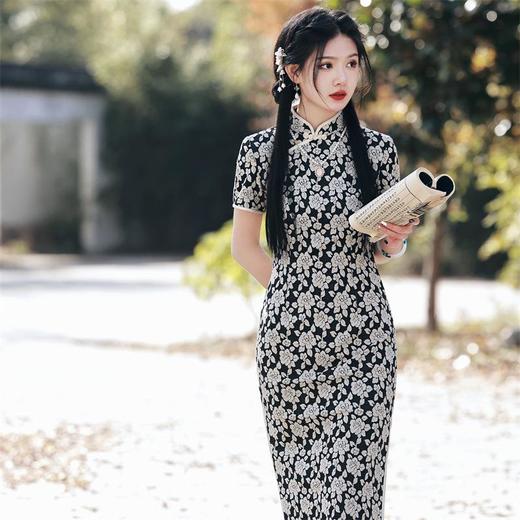 2023春夏新款弹力棉提花中长款改良旗袍连衣裙清新文艺少女年轻款 商品图3
