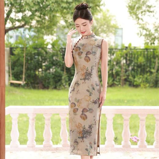 2023夏季新款仿苎麻中长款双层改良少女旗袍连衣裙 商品图0